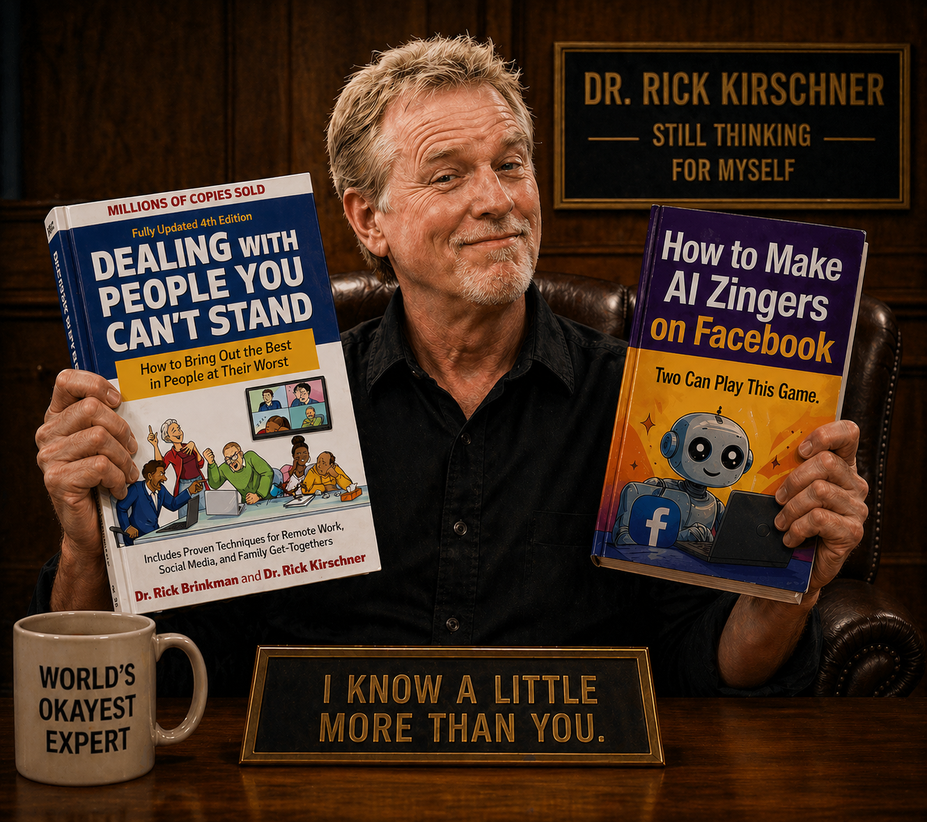 Dr. Rick Kirschner with books and World's Okayest Expert mug